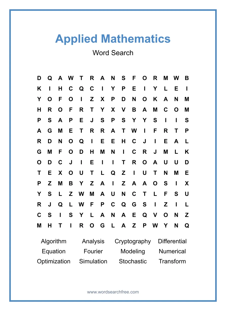 Applied Mathematics Word Search - Free printable puzzle with 12 words