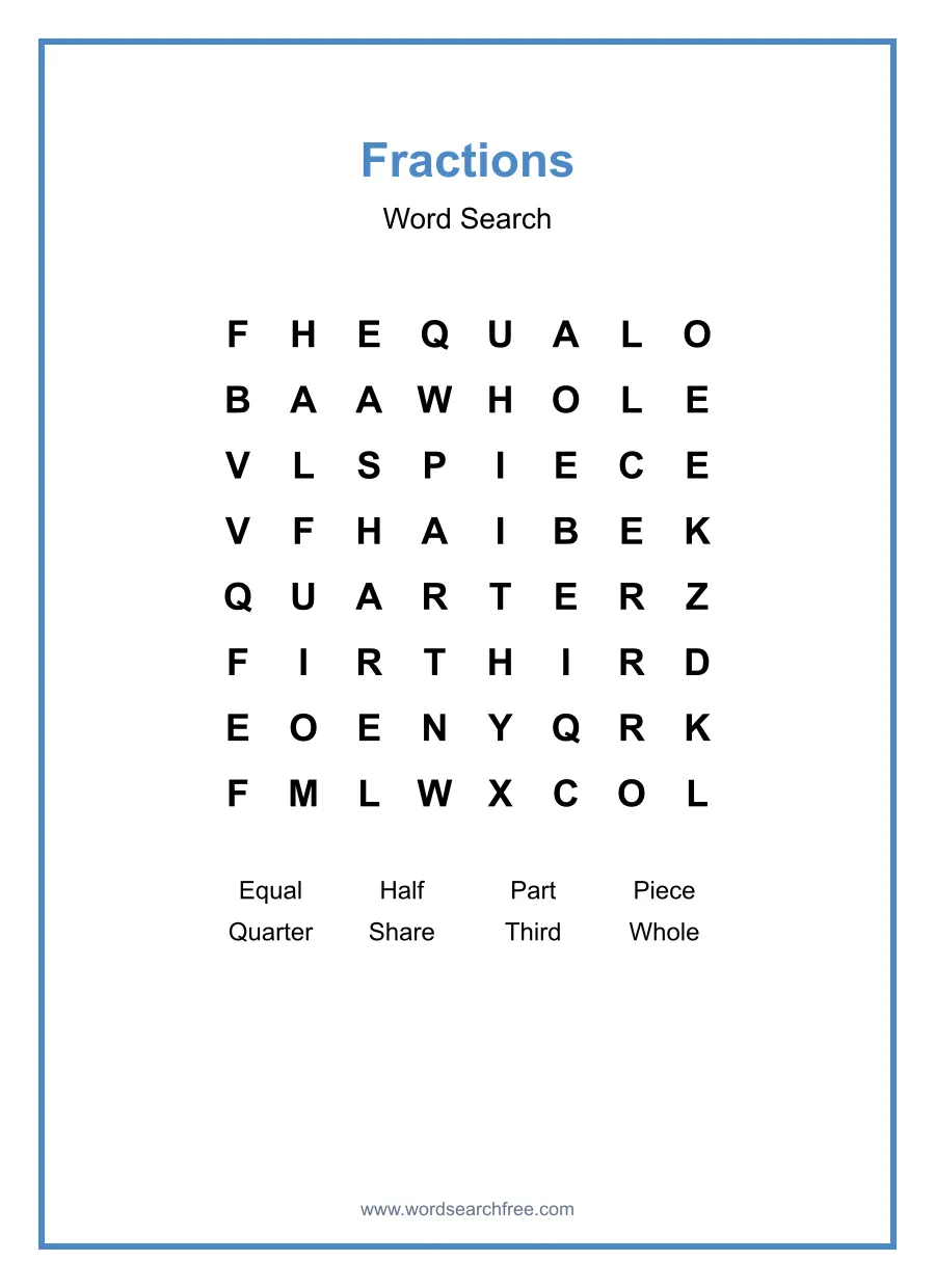 Fractions Word Search - Free printable puzzle with 8 words