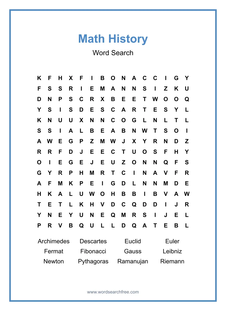 Math History Word Search - Free printable puzzle with 12 words