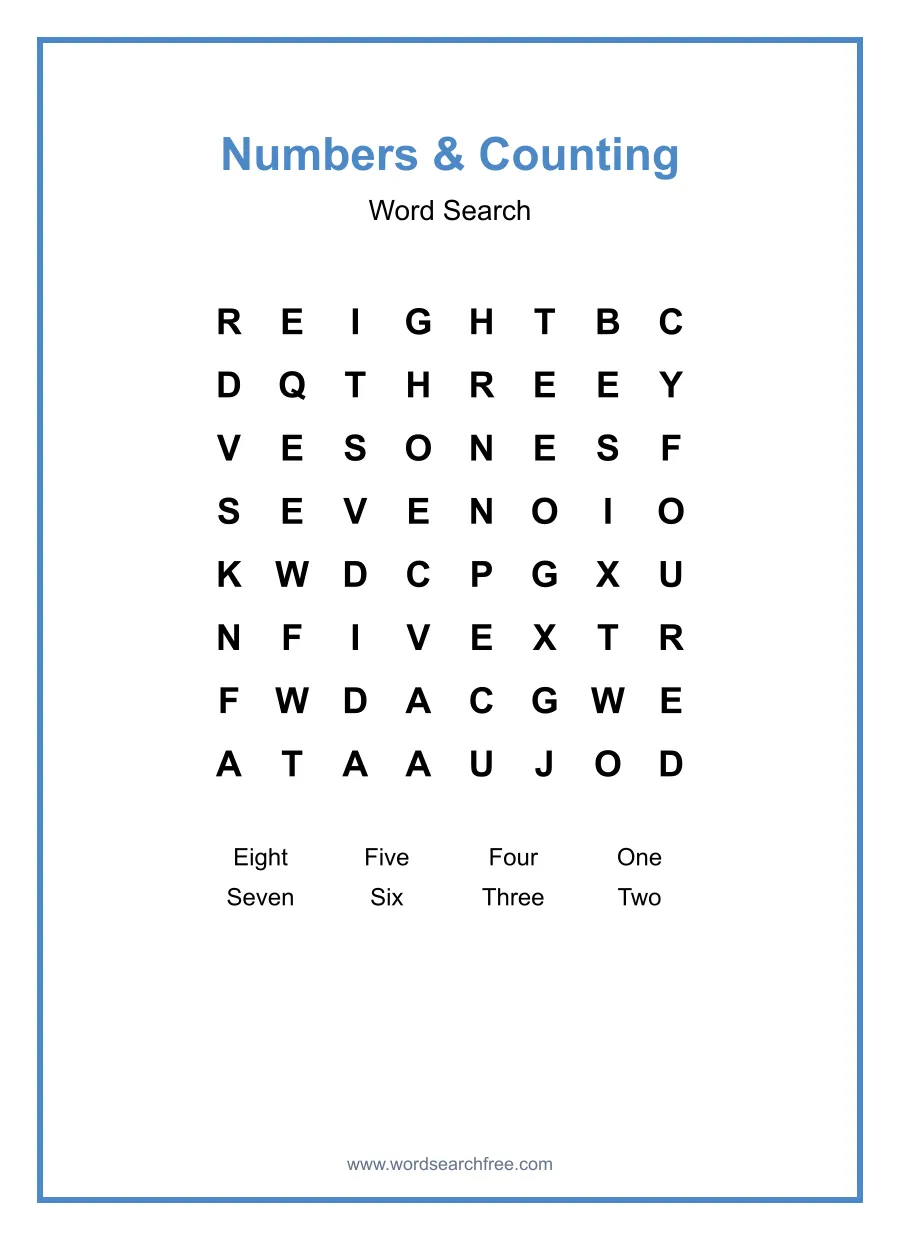Numbers & Counting Word Search - Free printable puzzle with 8 words