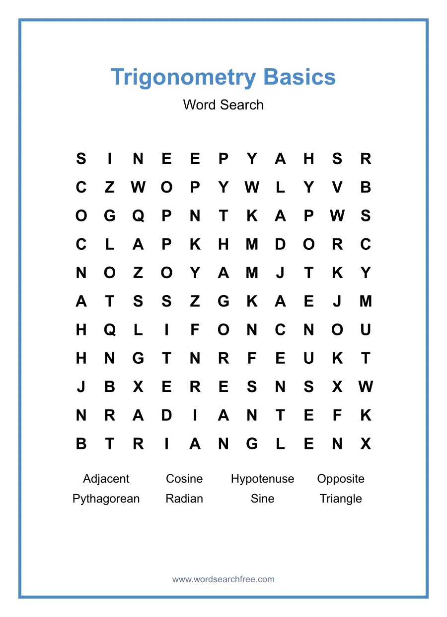 Trigonometry Basics Word Search - Free printable puzzle with 8 words