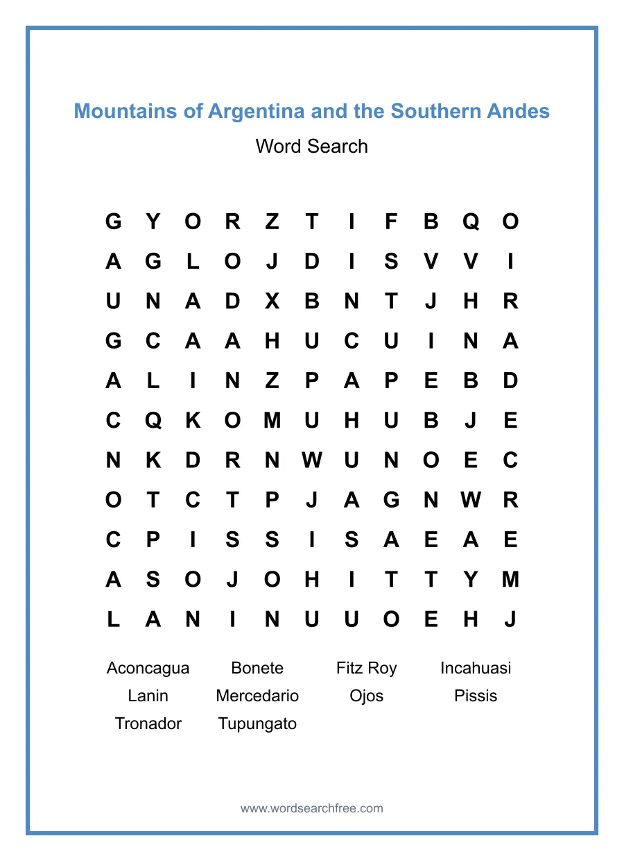 Mountains of Argentina and the Southern Andes Word Search - Free printable puzzle with 10 words