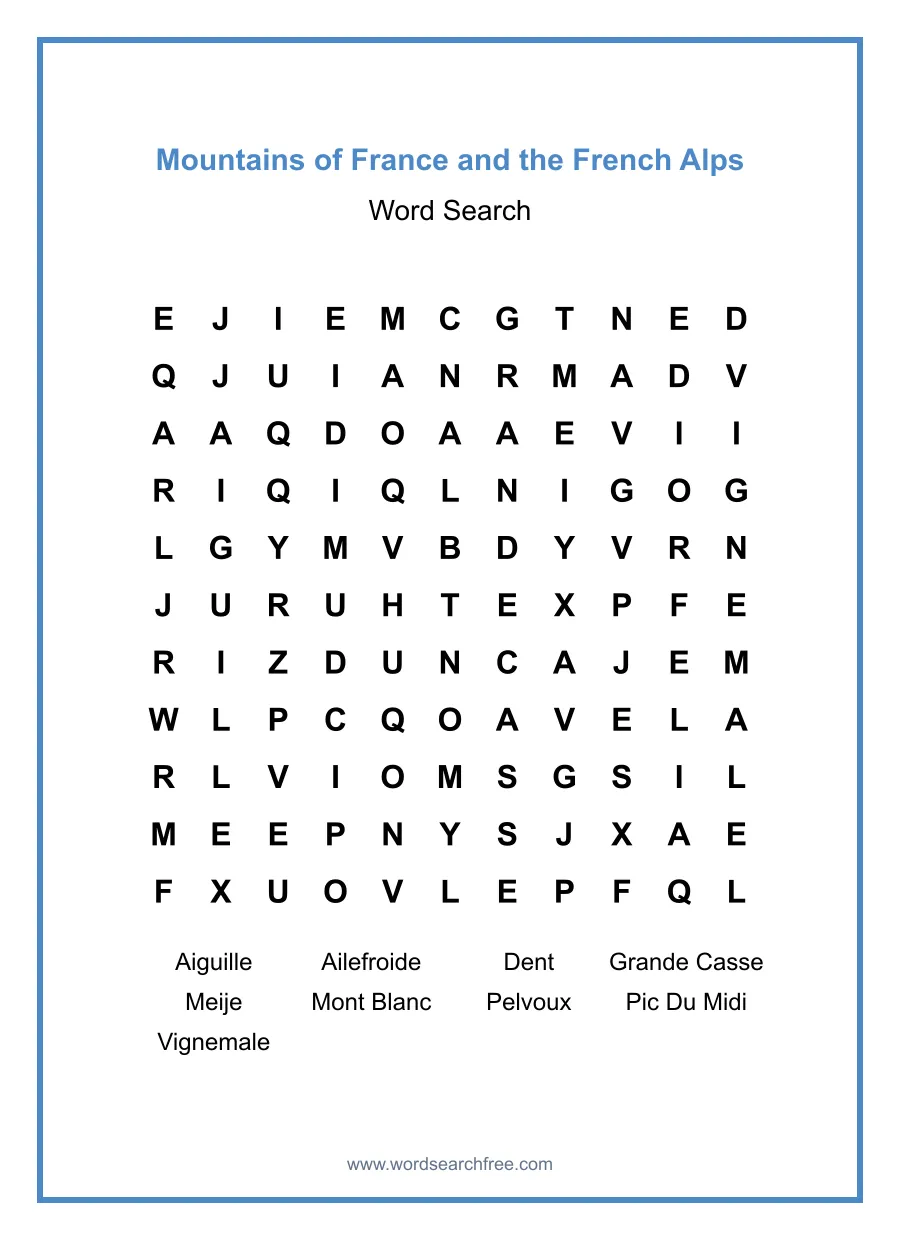 Mountains of France and the French Alps Word Search - Free printable puzzle with 9 words