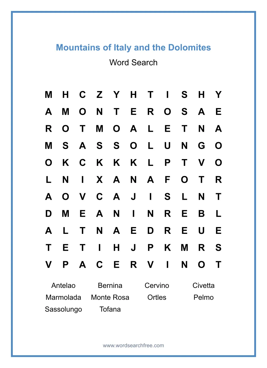 Mountains of Italy and the Dolomites Word Search - Free printable puzzle with 10 words