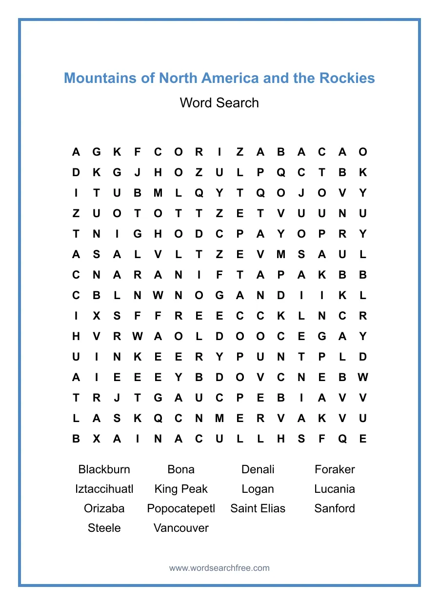 Mountains of North America and the Rockies Word Search - Free printable puzzle with 14 words