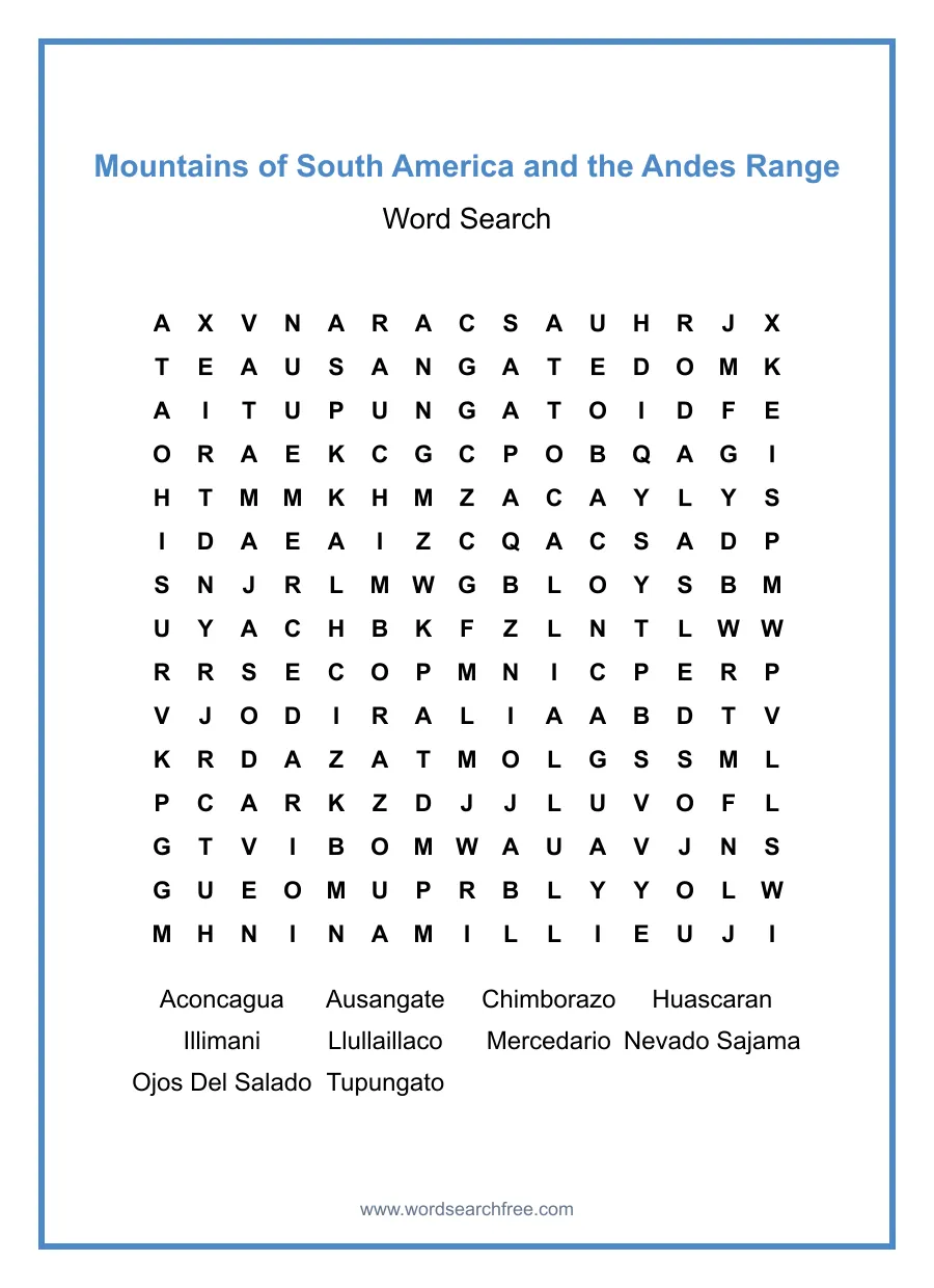 Mountains of South America and the Andes Range Word Search - Free printable puzzle with 10 words