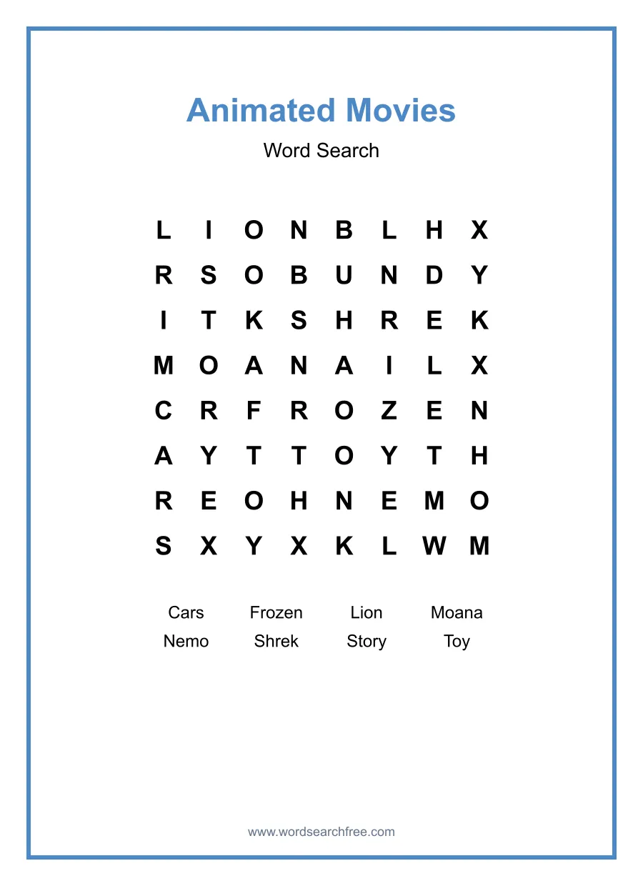 Animated Movies Word Search - Free printable puzzle with 8 words