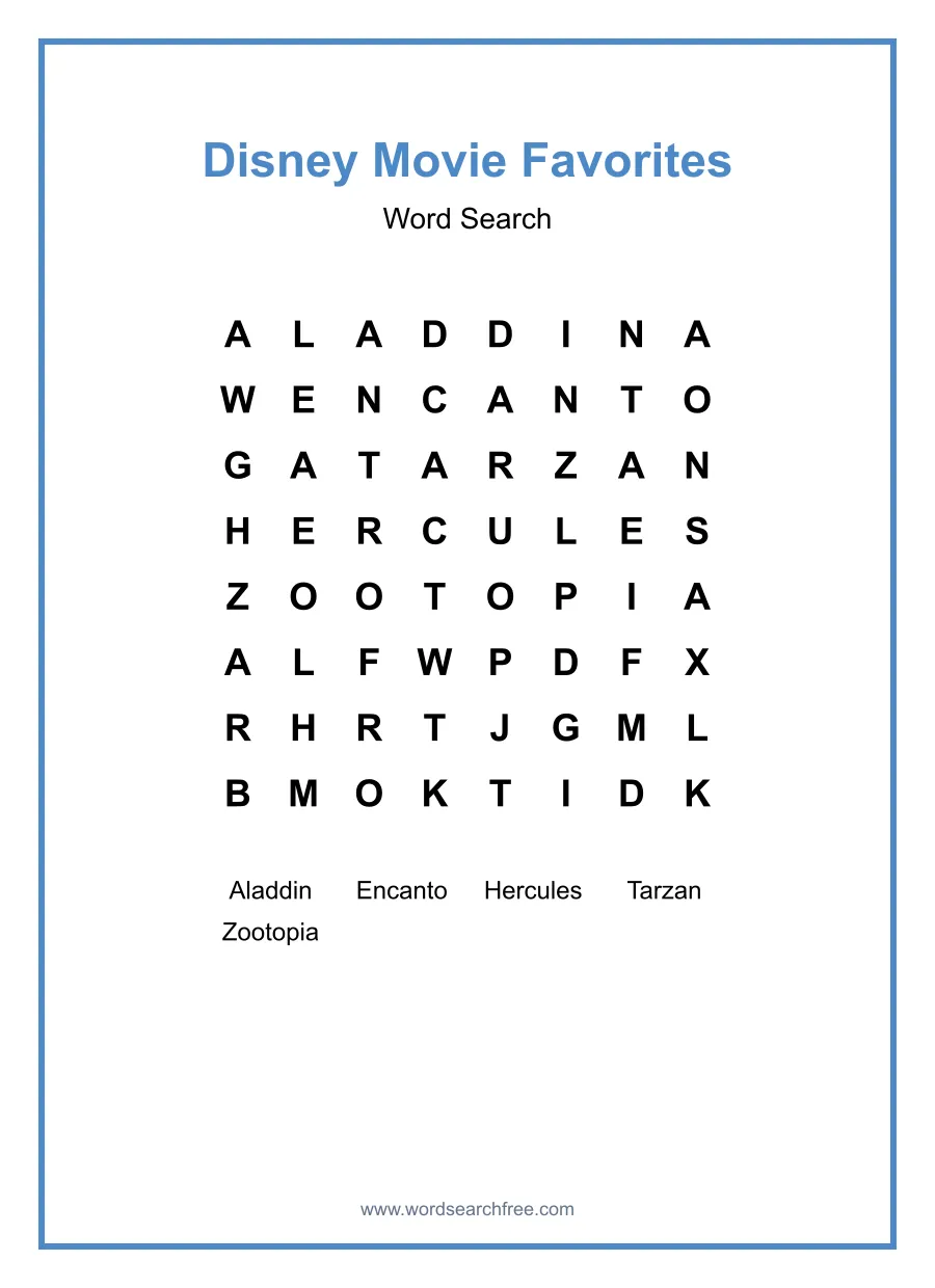 Disney Movie Favorites Word Search - Free printable puzzle with 5 words