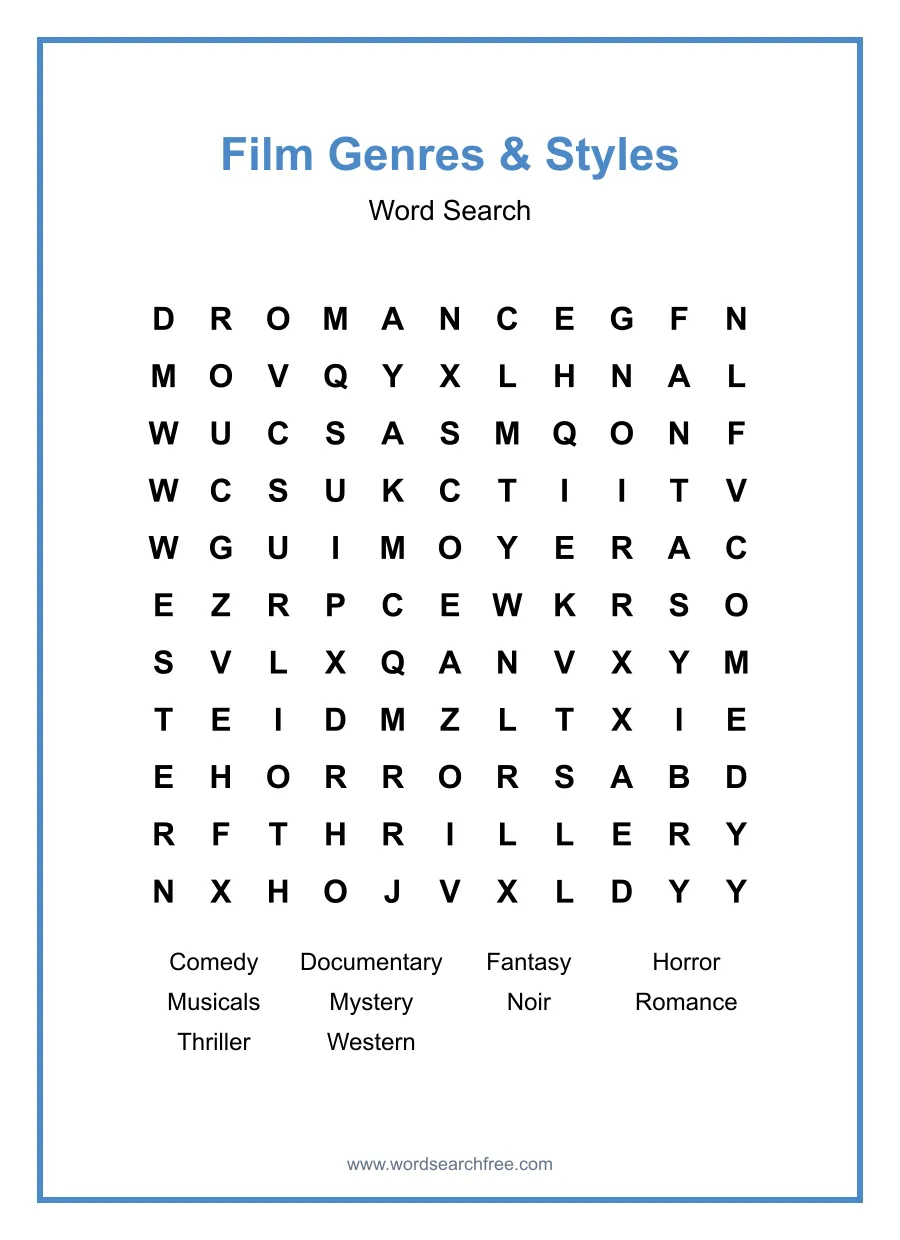 Film Genres & Styles Word Search - Free printable puzzle with 10 words