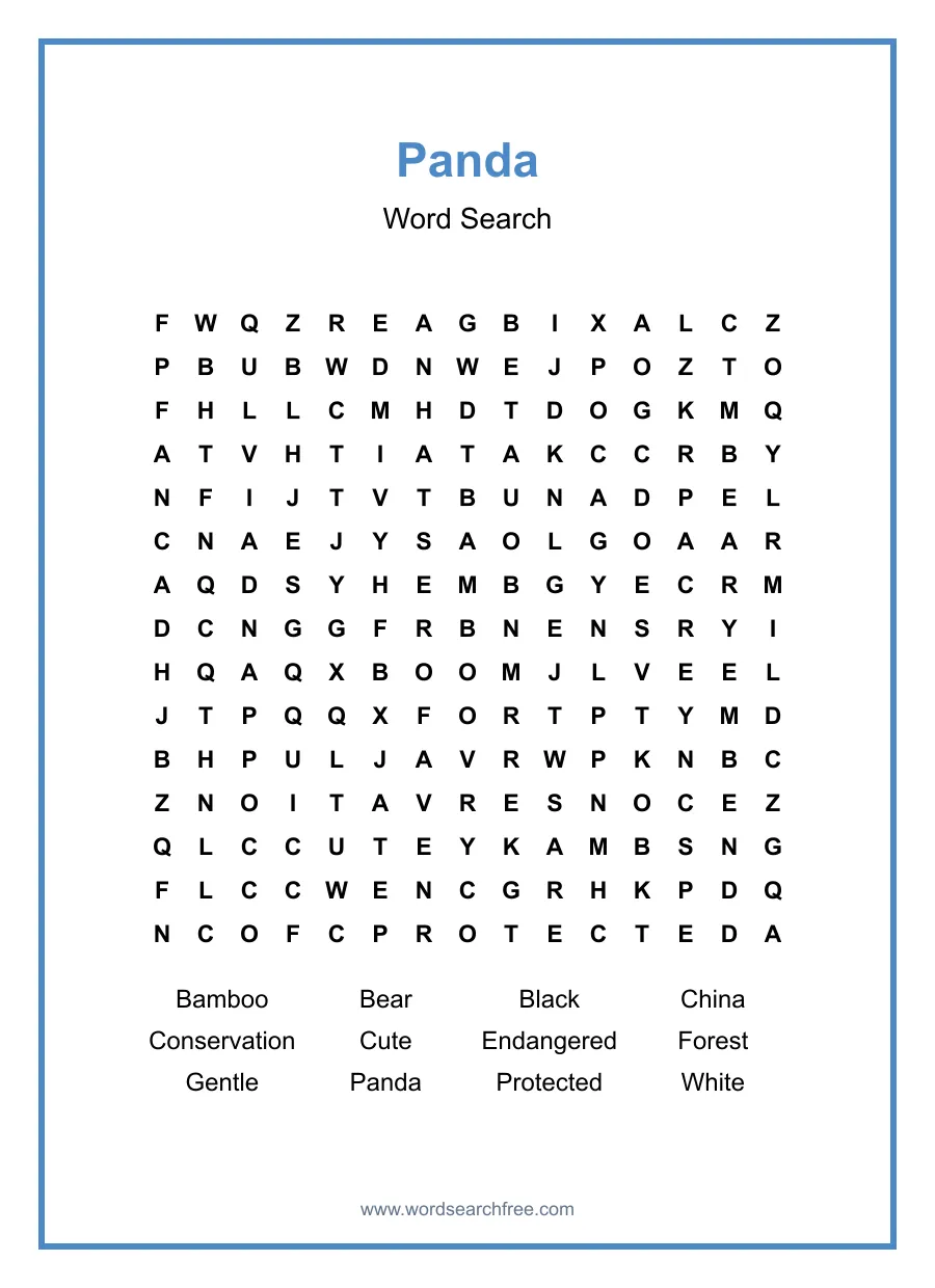 Panda Word Search - Free printable puzzle with 12 words