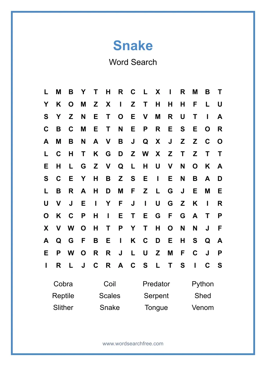 Snake Word Search - Free printable puzzle with 12 words