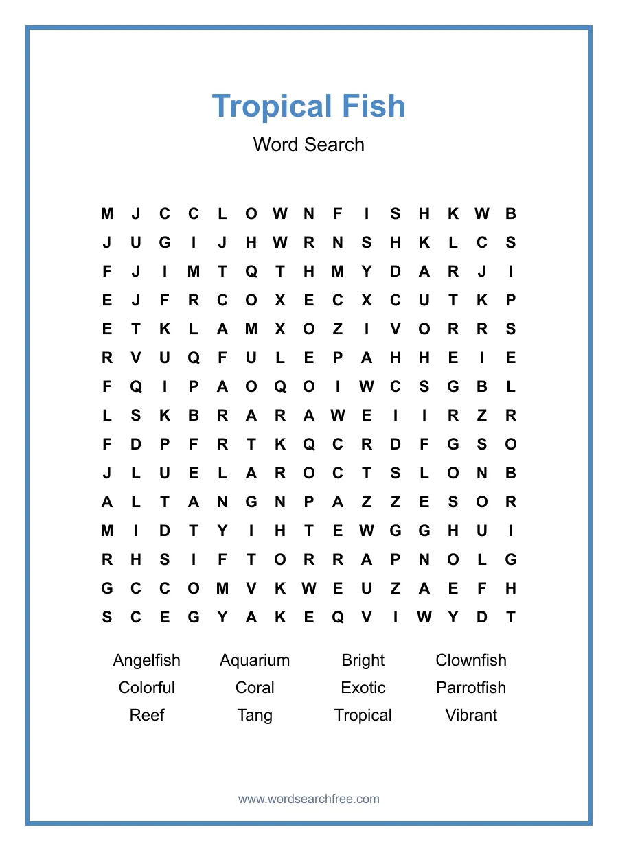 Tropical Fish Word Search - Free printable puzzle with 12 words