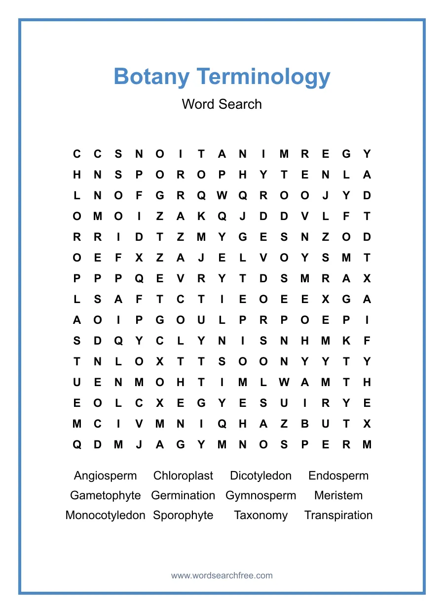 Botany Terminology Word Search - Free printable puzzle with 12 words