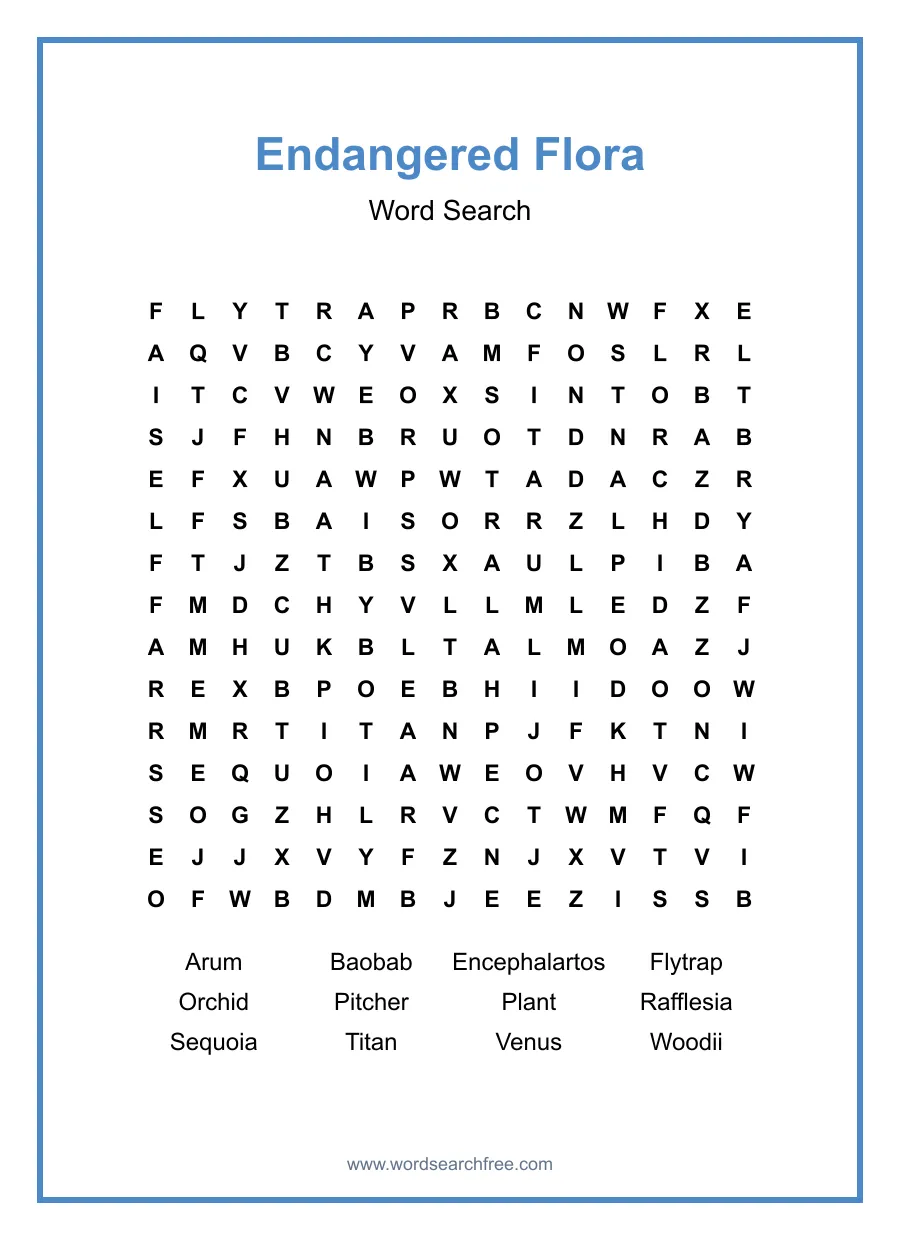 Endangered Flora Word Search - Free printable puzzle with 12 words