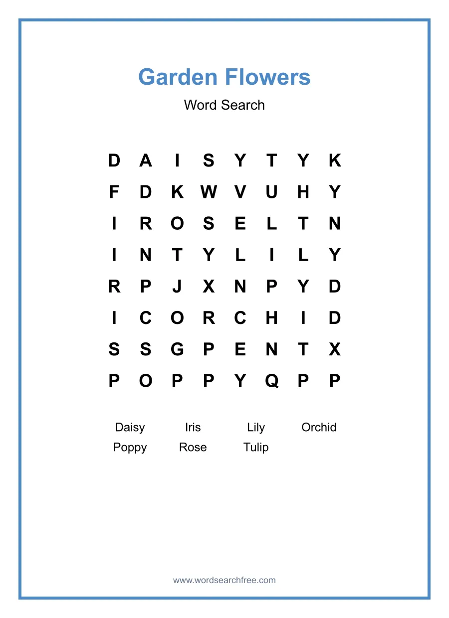 Garden Flowers Word Search - Free printable puzzle with 7 words