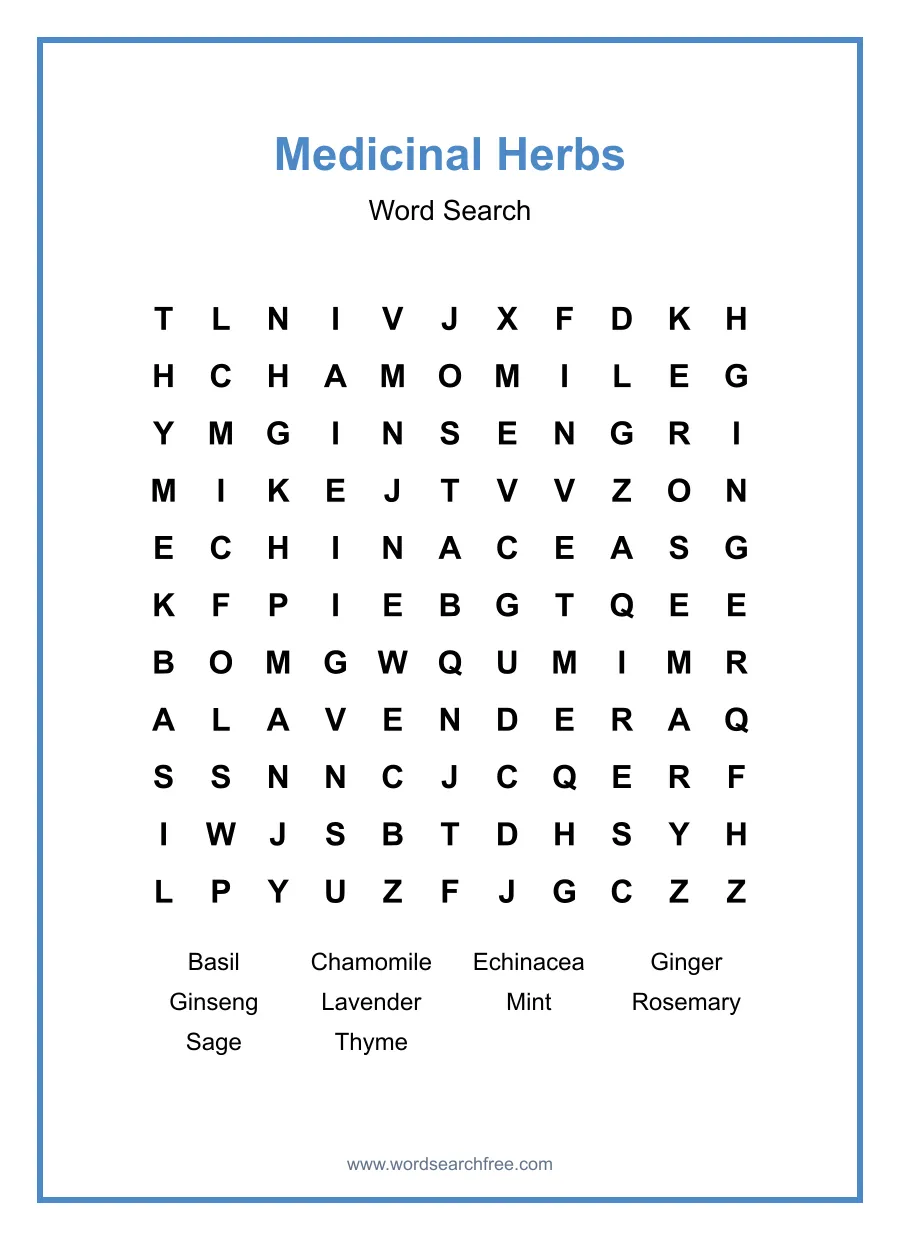 Medicinal Herbs Word Search - Free printable puzzle with 10 words