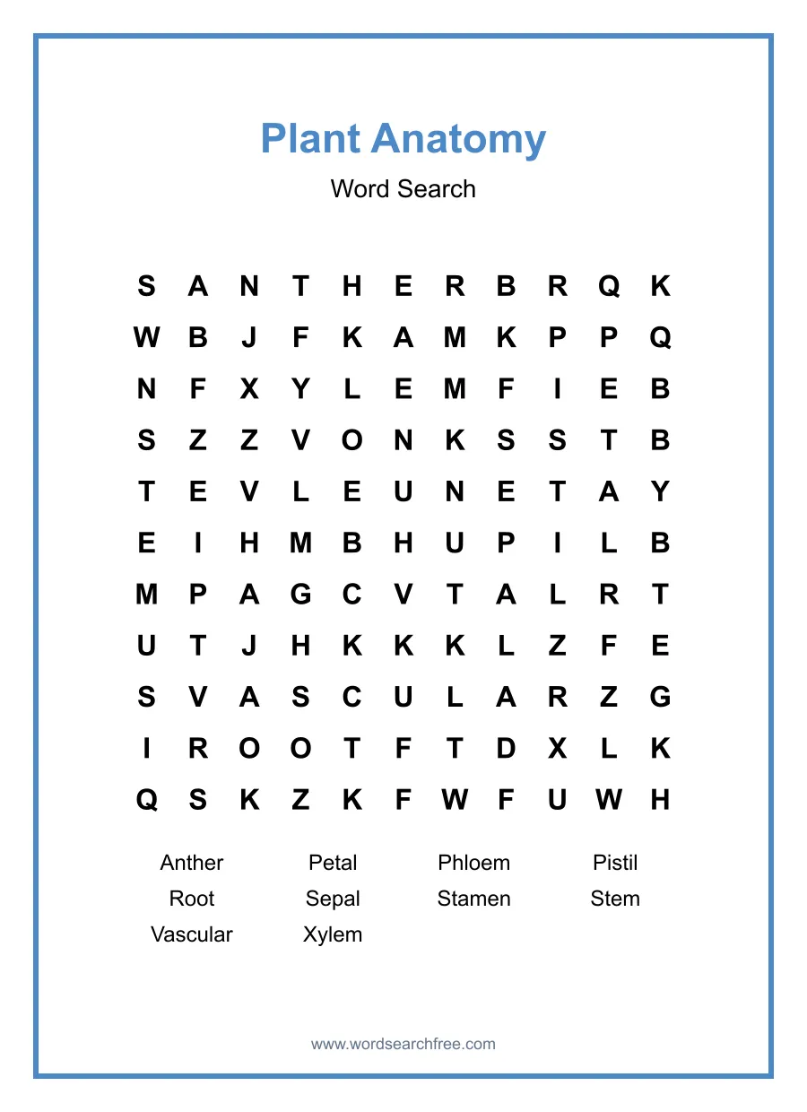 Plant Anatomy Word Search - Free printable puzzle with 10 words