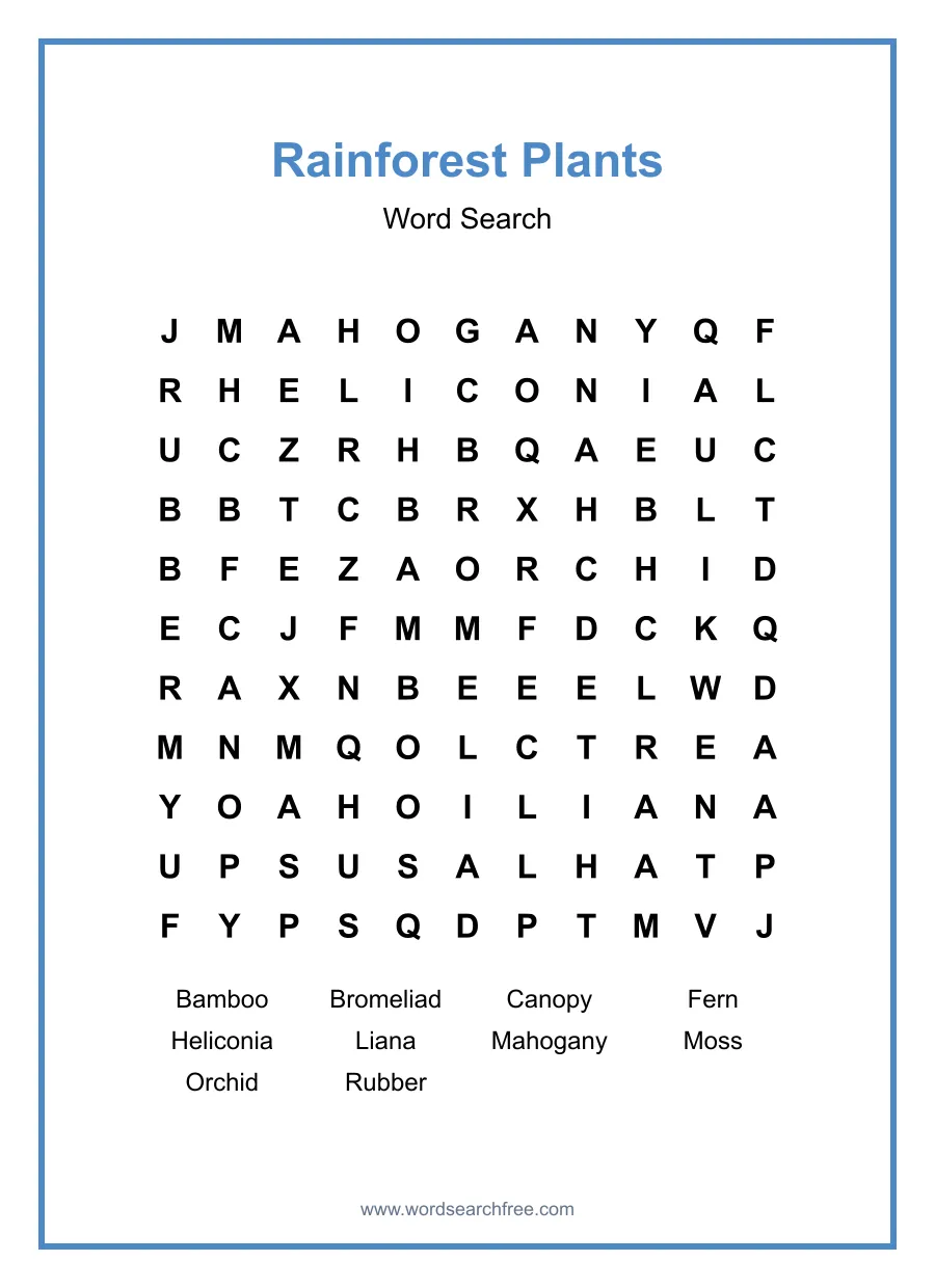 Rainforest Plants Word Search - Free printable puzzle with 10 words