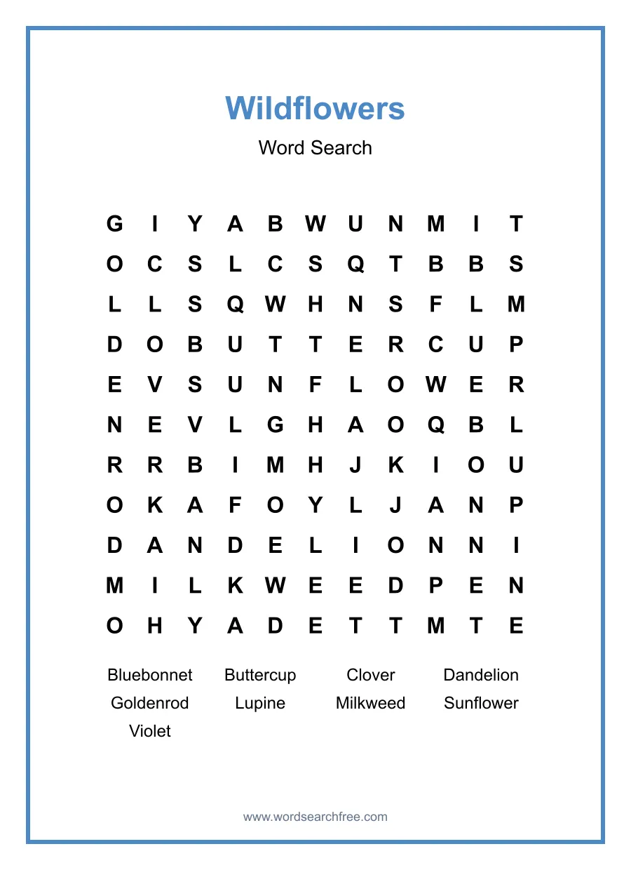 Wildflowers Word Search - Free printable puzzle with 9 words
