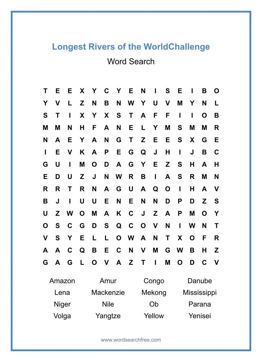 Longest Rivers of the World Word Search Challenge - Free printable puzzle with 16 words