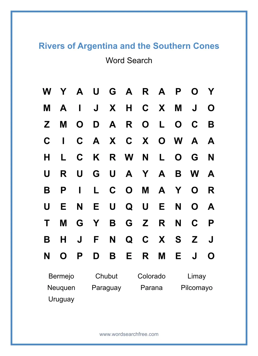 Rivers of Argentina and the Southern Cones Word Search - Free printable puzzle with 9 words