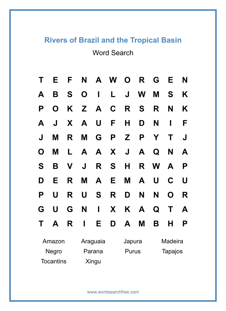 Rivers of Brazil and the Tropical Basin Word Search - Free printable puzzle with 10 words