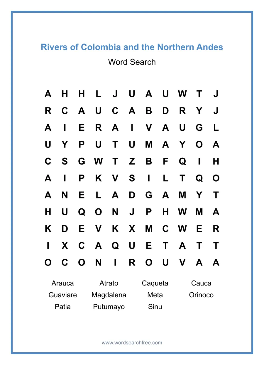 Rivers of Colombia and the Northern Andes Word Search - Free printable puzzle with 11 words
