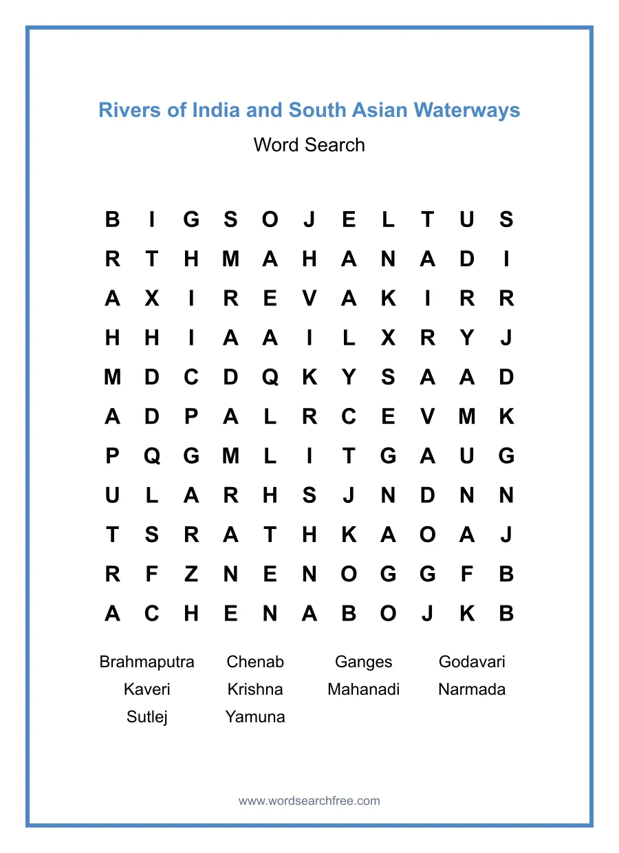 Rivers of India and South Asian Waterways Word Search - Free printable puzzle with 10 words