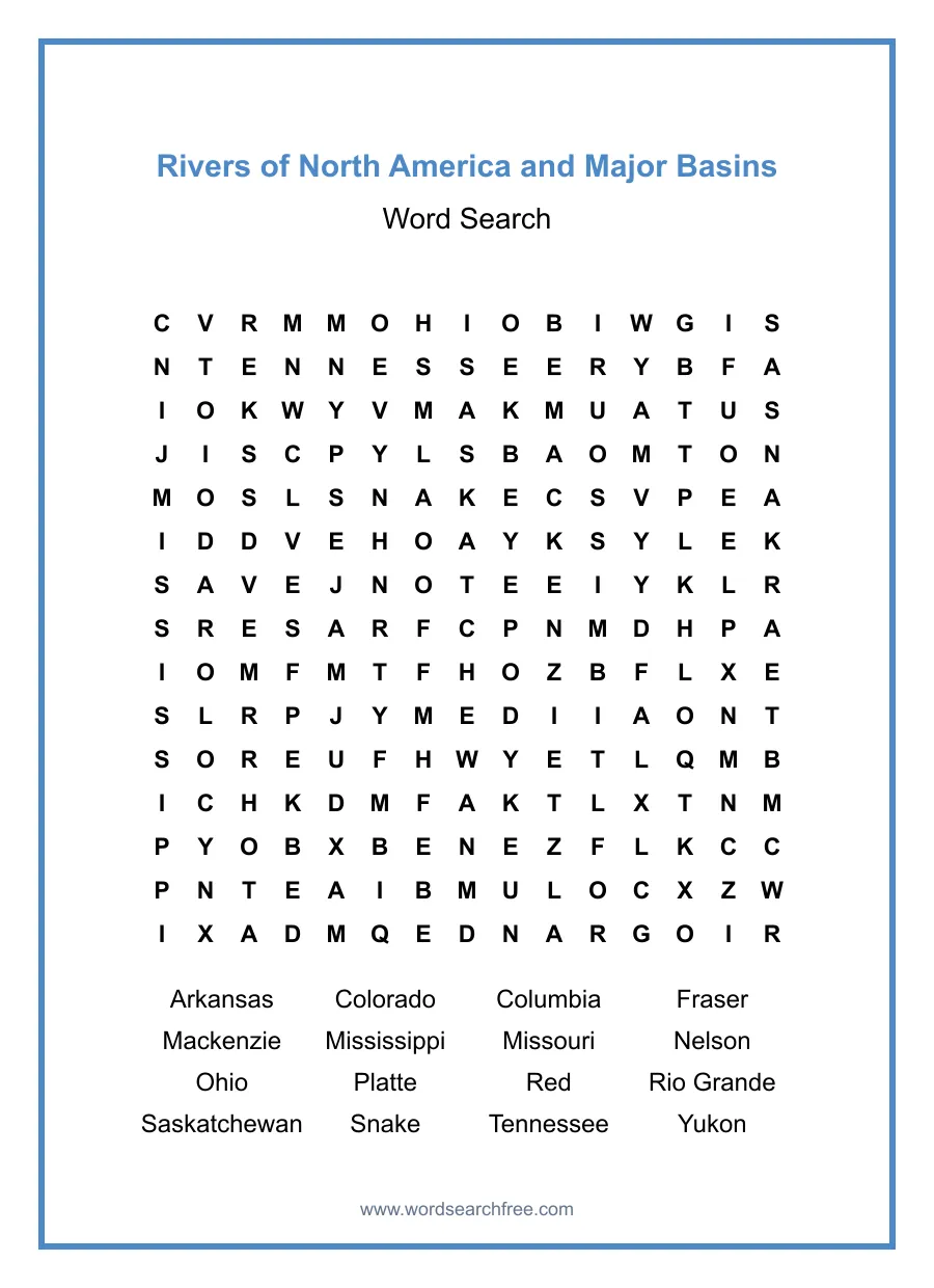 Rivers of North America and Major Basins Word Search - Free printable puzzle with 16 words