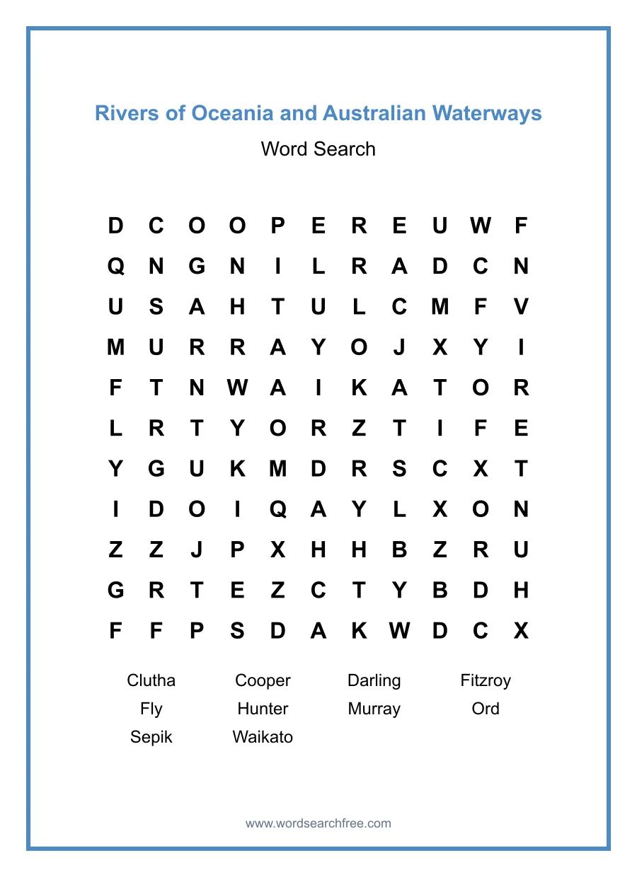 Rivers of Oceania and Australian Waterways Word Search - Free printable puzzle with 10 words