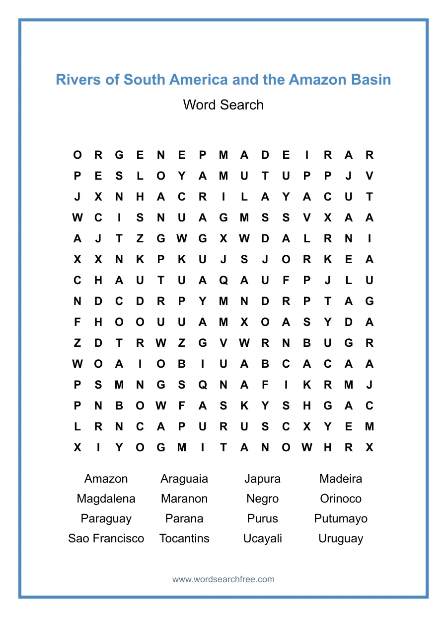 Rivers of South America and the Amazon Basin Word Search - Free printable puzzle with 16 words