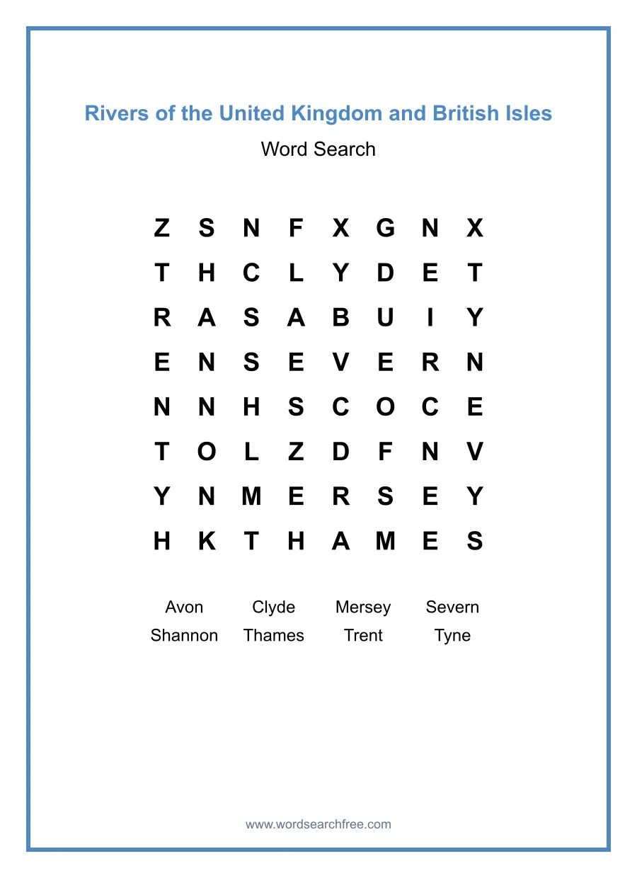 Rivers of the United Kingdom and British Isles Word Search - Free printable puzzle with 8 words