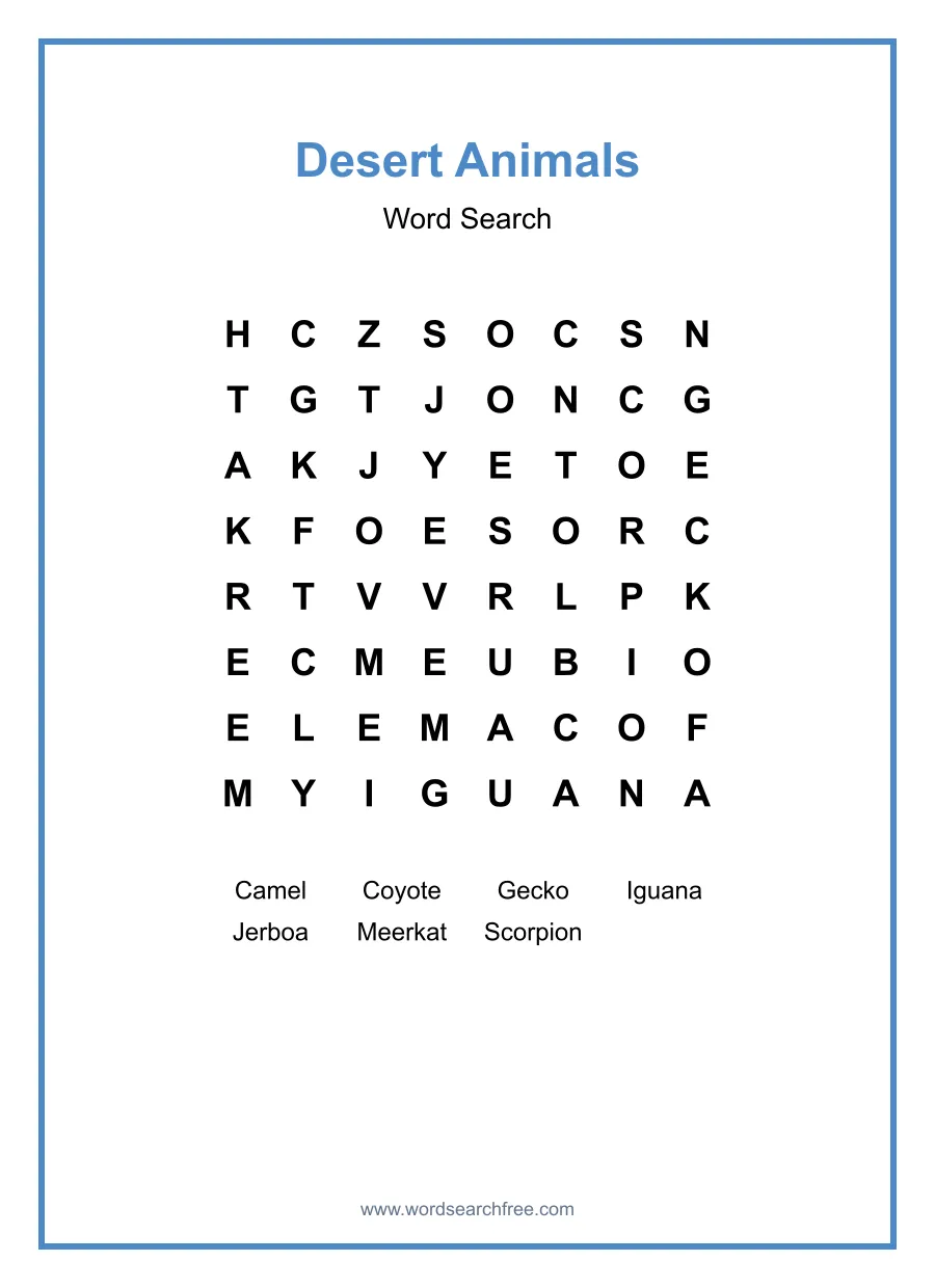 Desert Animals Word Search - Free printable puzzle with 7 words