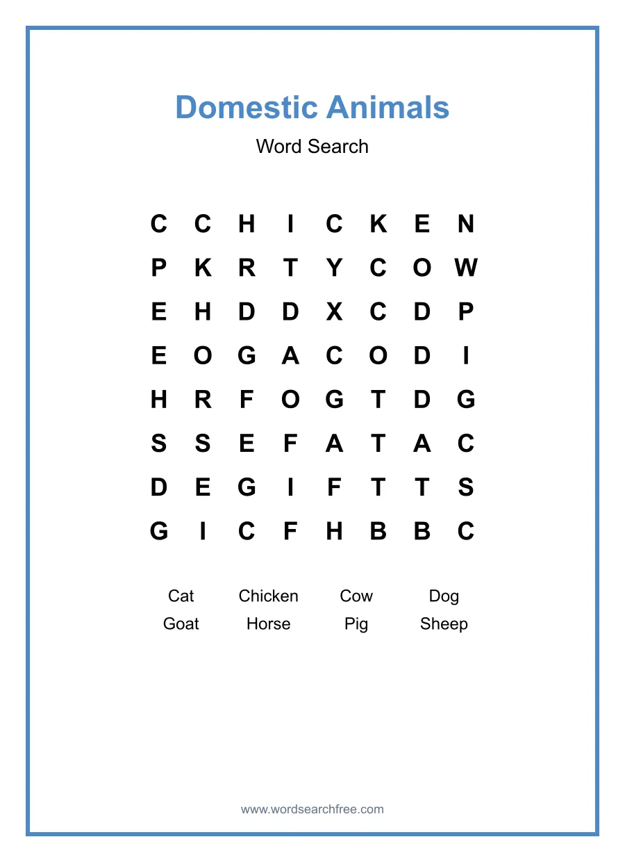 Domestic Animals Word Search - Free printable puzzle with 8 words