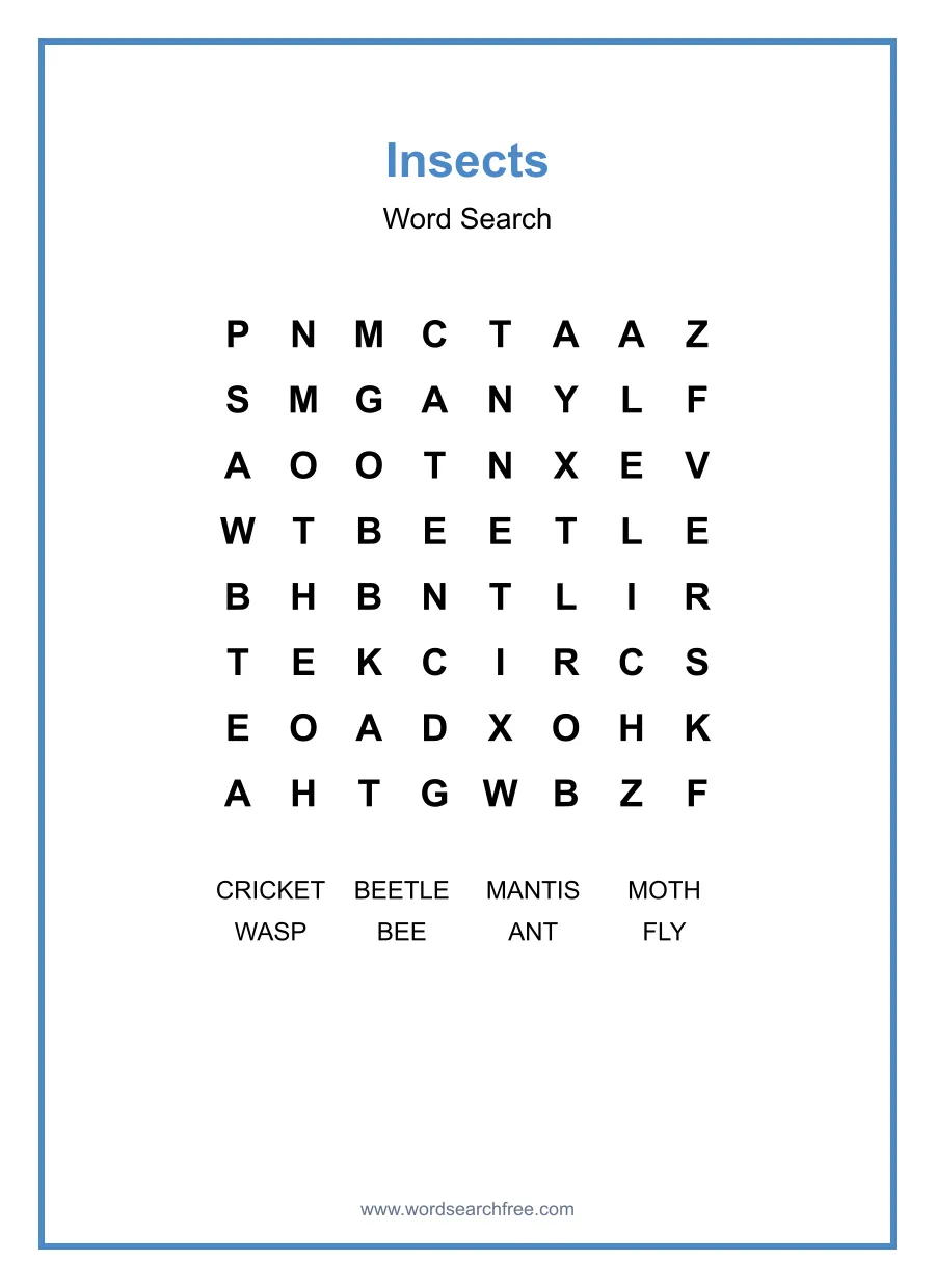 Insects Word Search - Free printable puzzle with 8 words