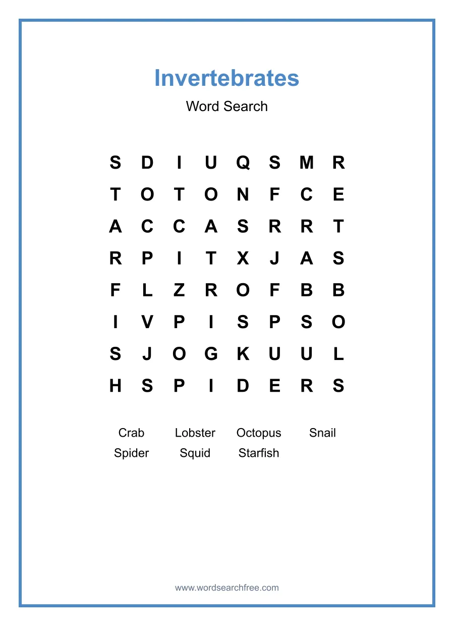 Invertebrates Word Search - Free printable puzzle with 7 words