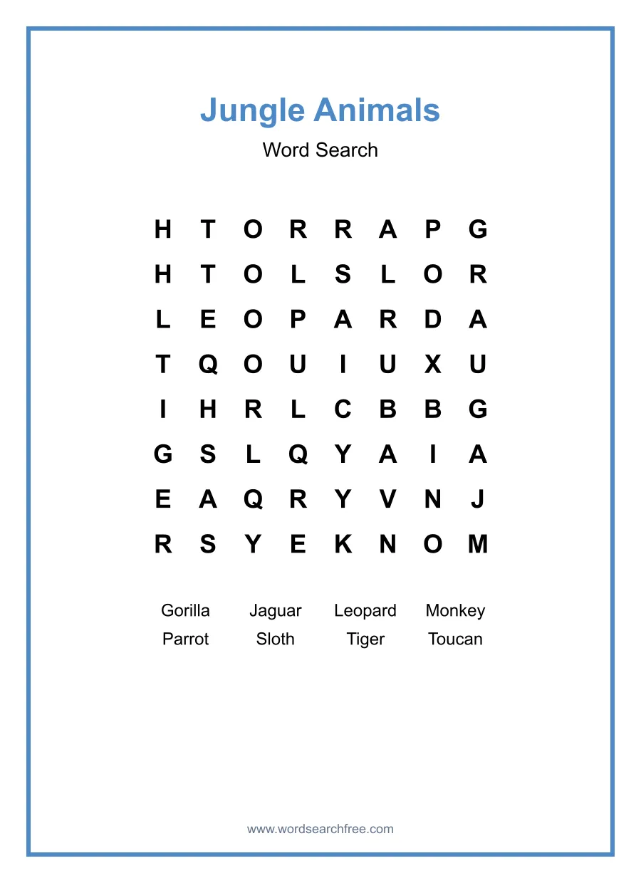 Jungle Animals Word Search - Free printable puzzle with 8 words
