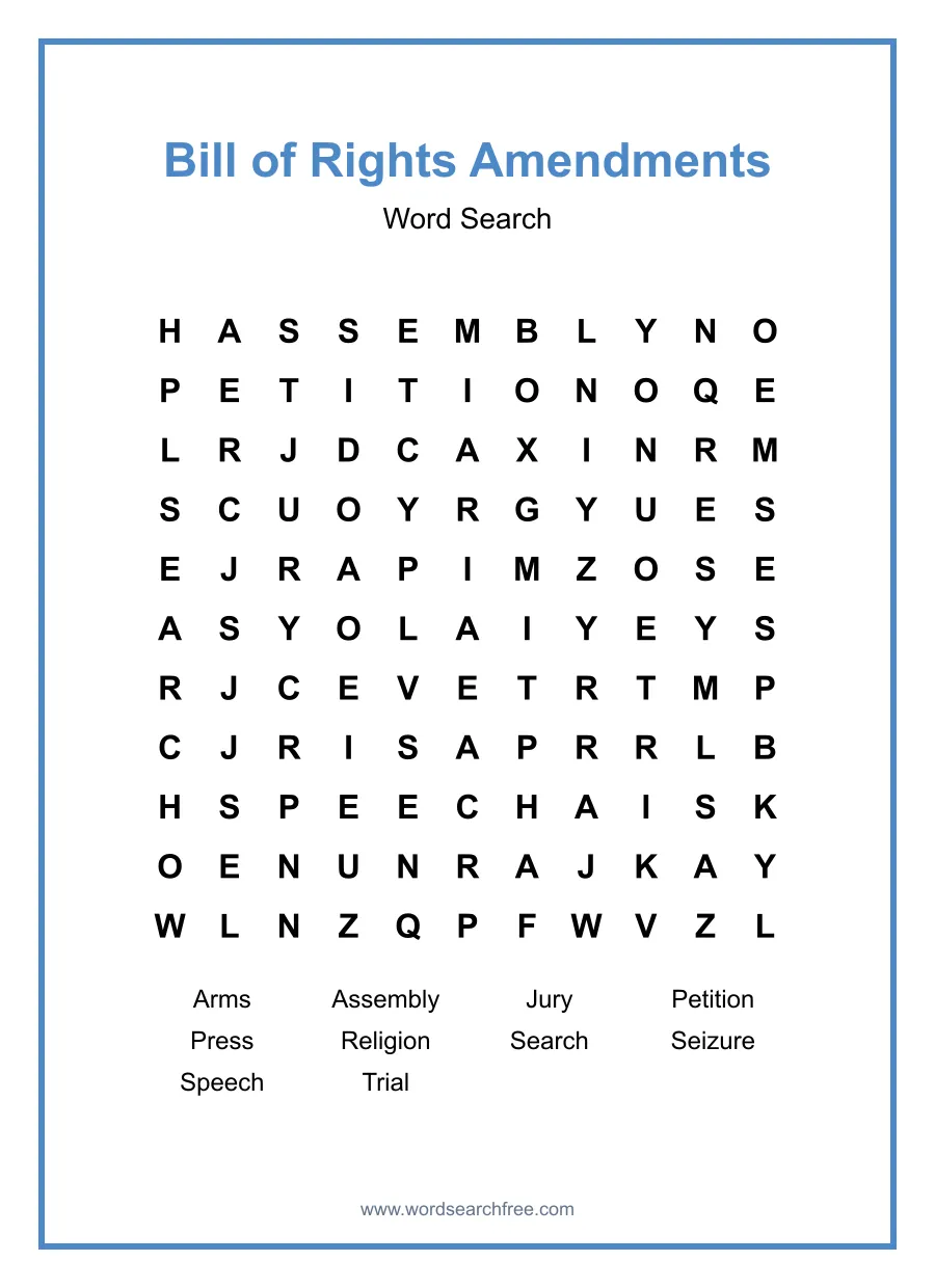 Bill of Rights Amendments Word Search - Free printable puzzle with 10 words