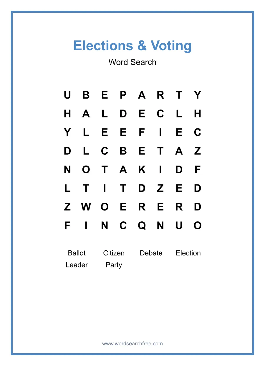 Elections & Voting Word Search - Free printable puzzle with 6 words