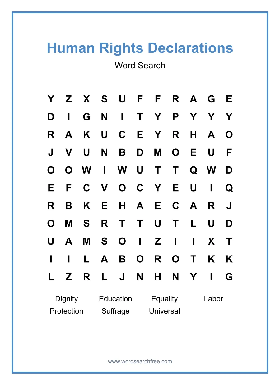 Human Rights Declarations Word Search - Free printable puzzle with 7 words