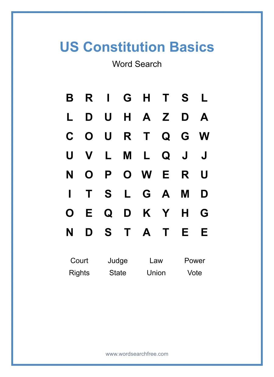 US Constitution Basics Word Search - Free printable puzzle with 8 words