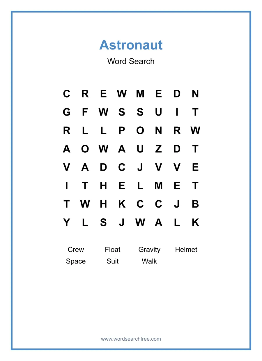 Astronaut Word Search - Free printable puzzle with 7 words