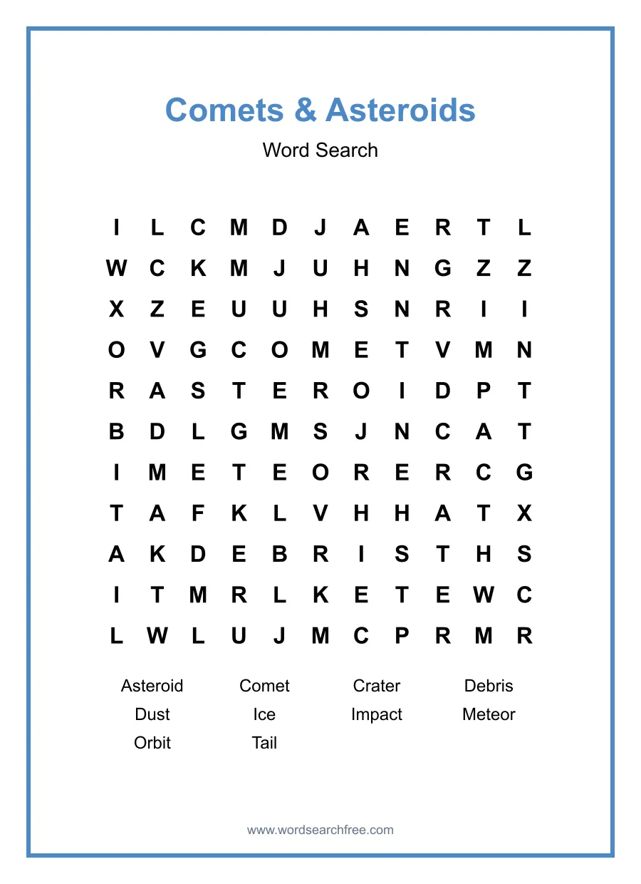 Comets & Asteroids Word Search - Free printable puzzle with 10 words