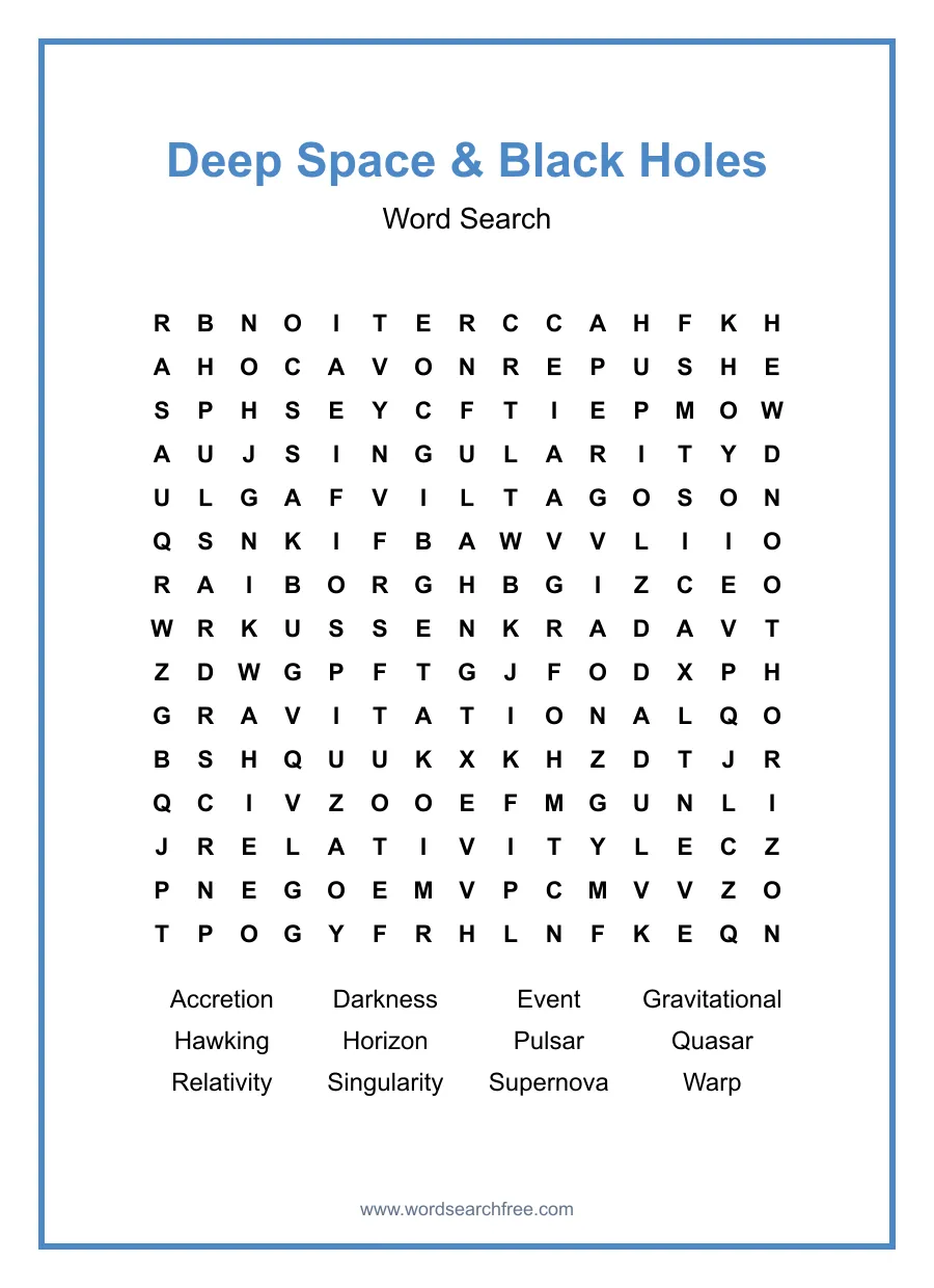 Deep Space & Black Holes Word Search - Free printable puzzle with 12 words