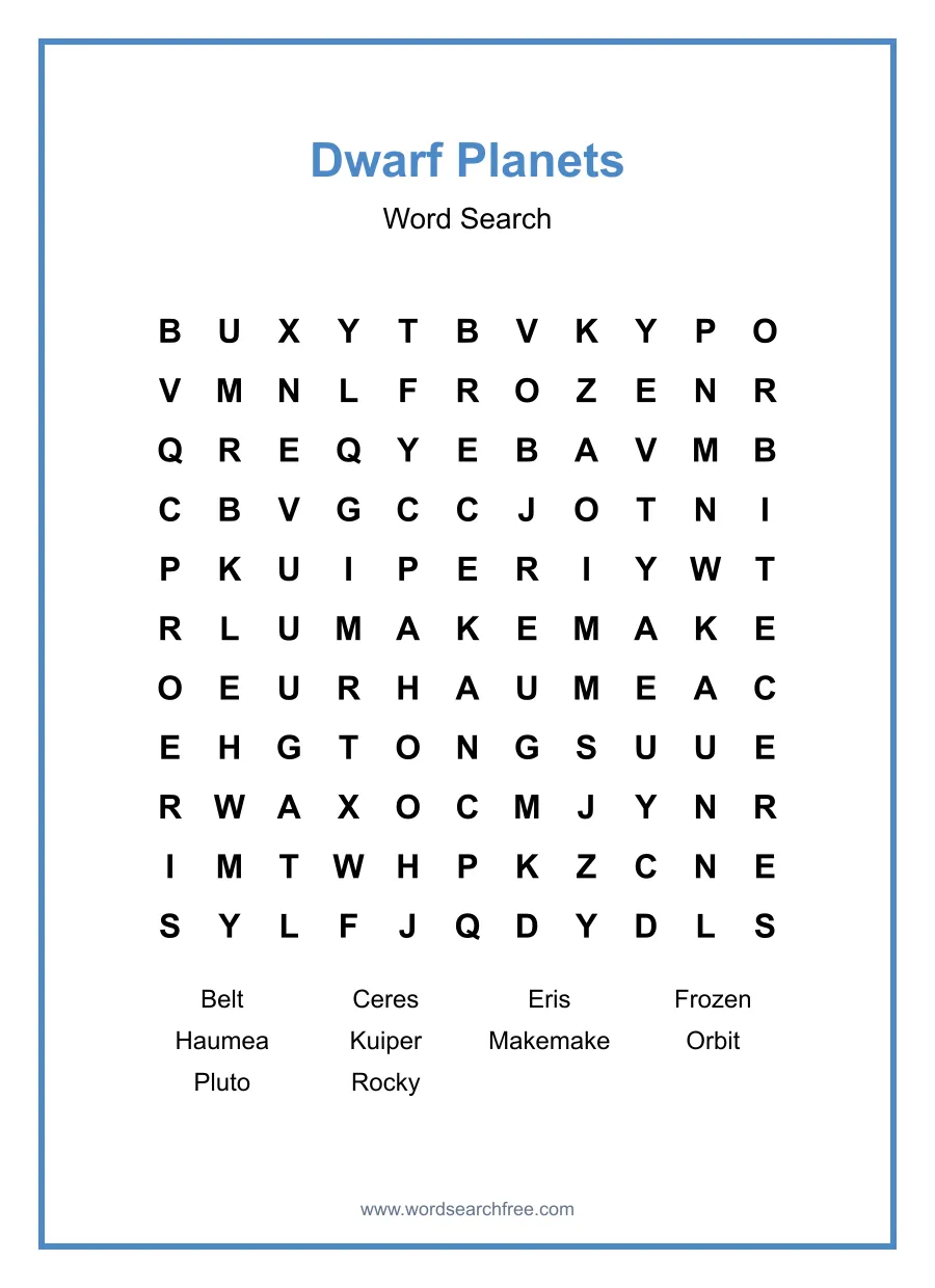 Dwarf Planets Word Search - Free printable puzzle with 10 words