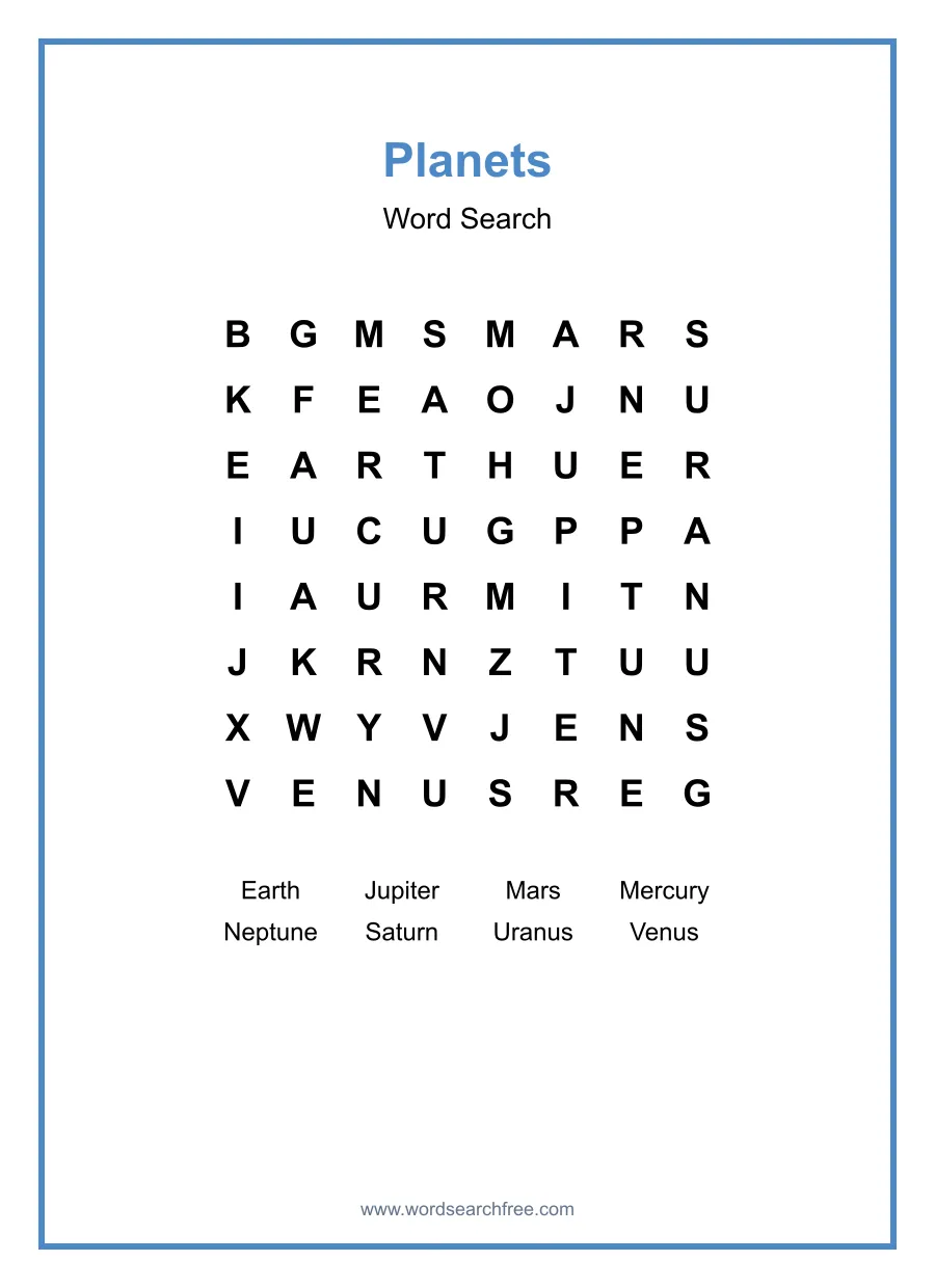 Planets Word Search - Free printable puzzle with 8 words
