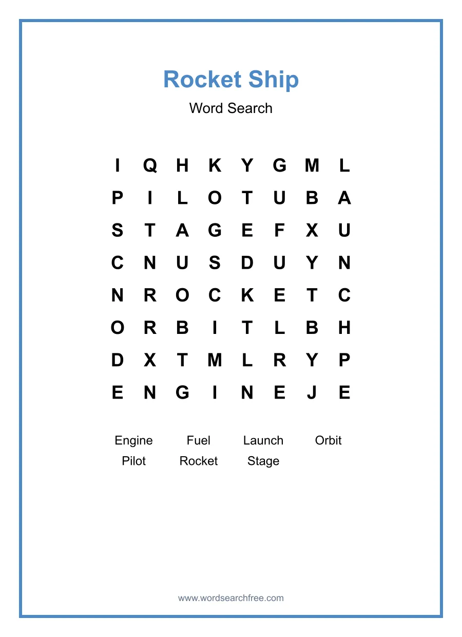 Rocket Ship Word Search - Free printable puzzle with 7 words