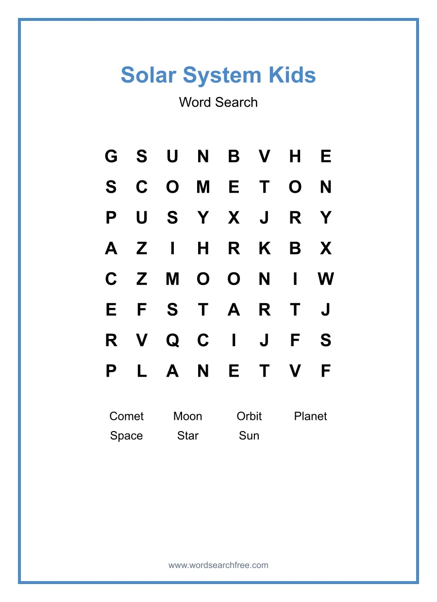 Solar System Kids Word Search - Free printable puzzle with 7 words