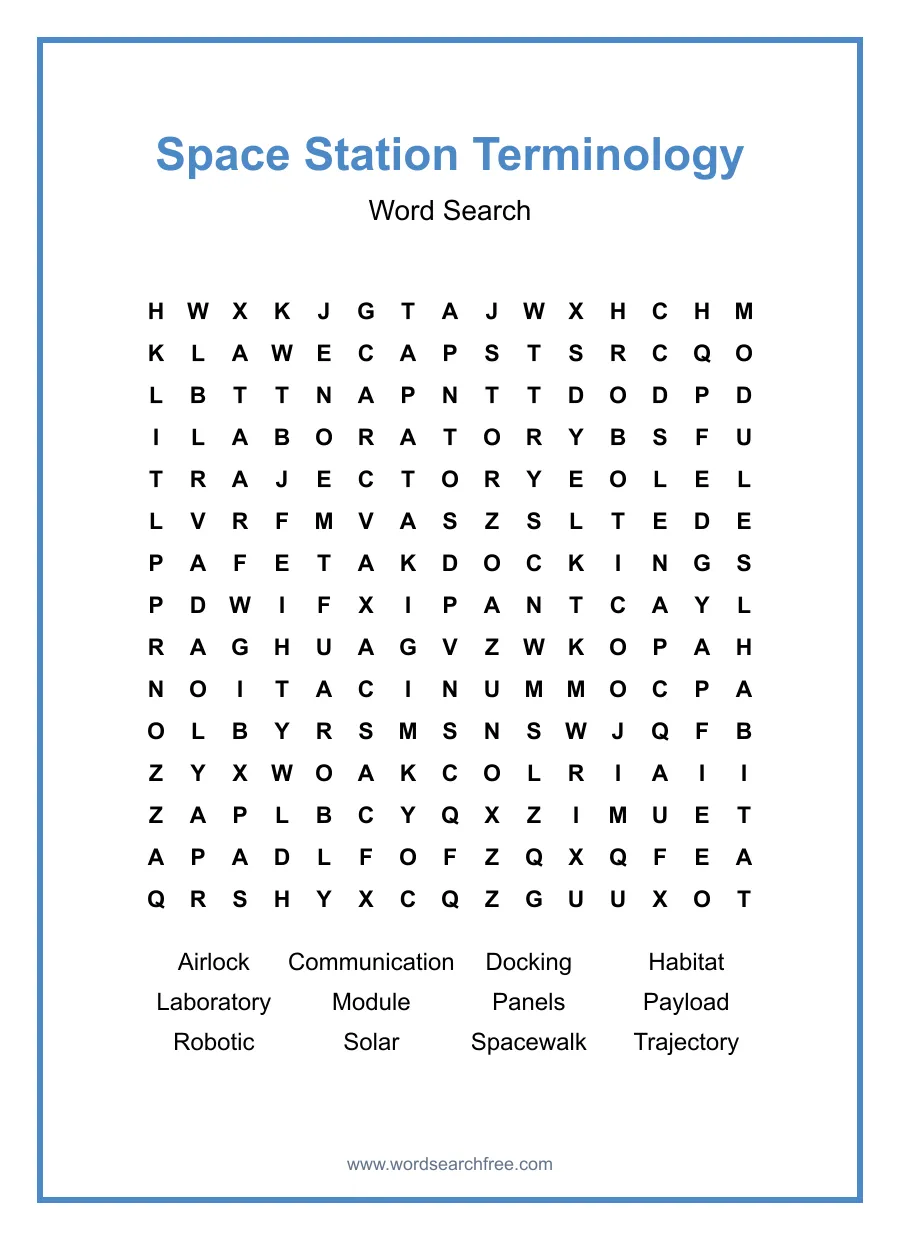 Space Station Terminology Word Search - Free printable puzzle with 12 words