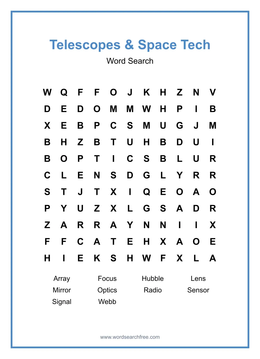 Telescopes & Space Tech Word Search - Free printable puzzle with 10 words